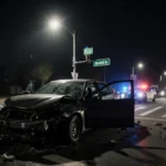 Crashed getaway car crumbling with scattered metal surrounded by police vehicles and a delivery uniform inside