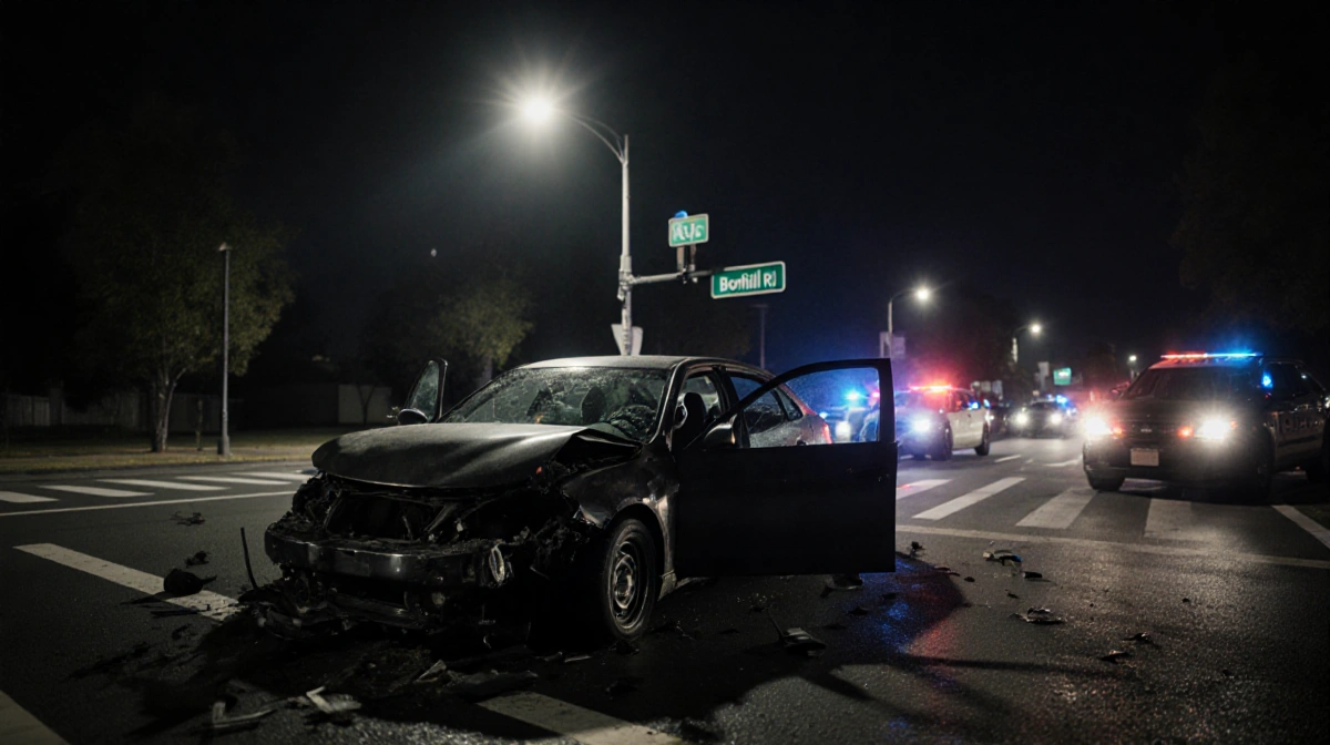 Crashed getaway car crumbling with scattered metal surrounded by police vehicles and a delivery uniform inside