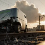 Crashed Uber Eats robot lies twisted on Miami train tracks with speeding train approaching and golden sunset light