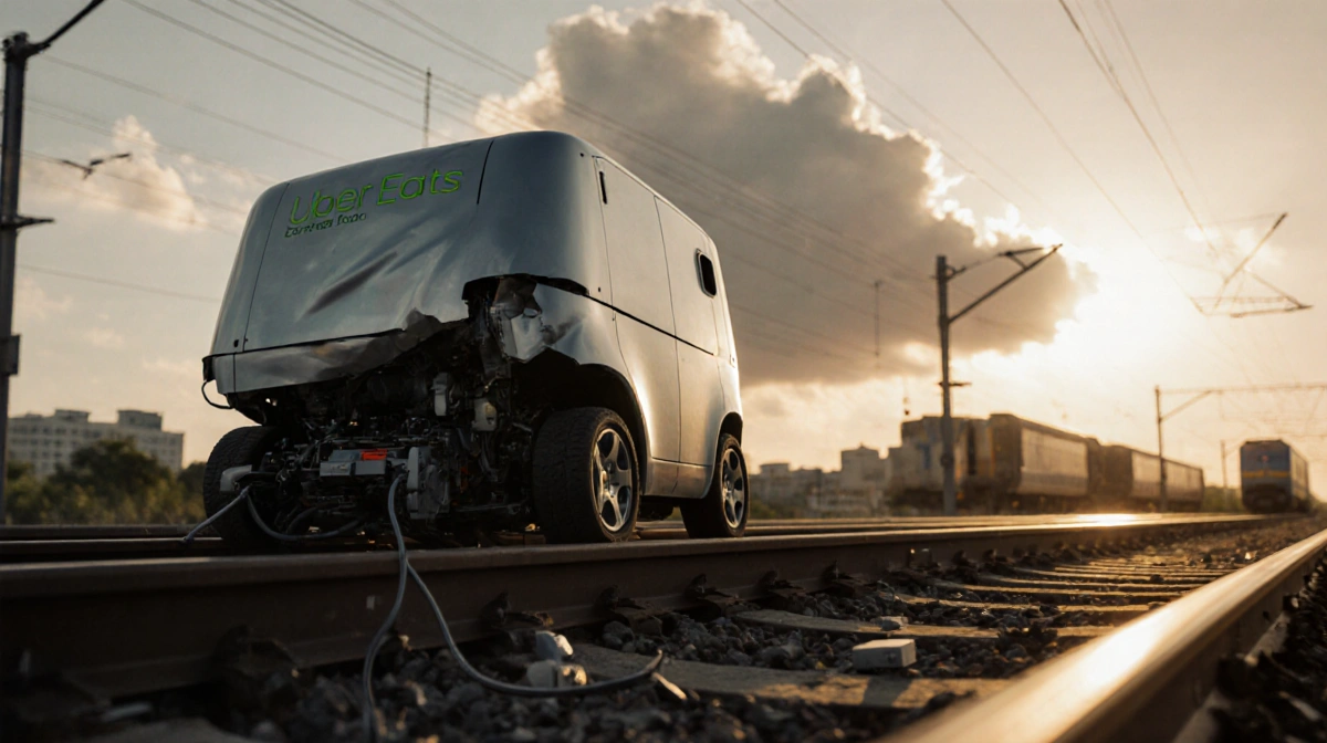 Crashed Uber Eats robot lies twisted on Miami train tracks with speeding train approaching and golden sunset light