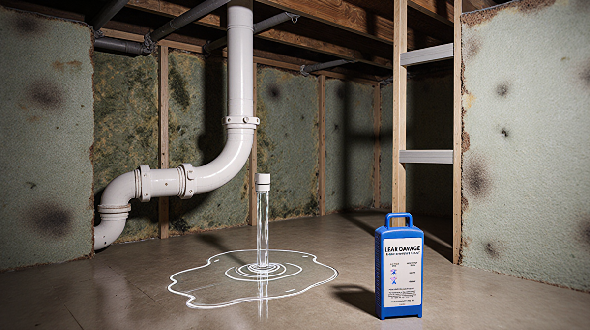 Leak detector device detects water damage from a dripping pipe with damp crawl space walls.