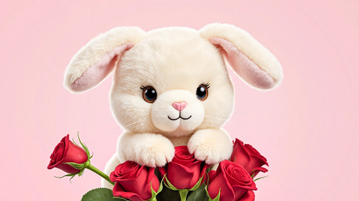 Cream bunny sitting on plush rose bouquet with sweet smile and sewn-on red rose against soft pink background