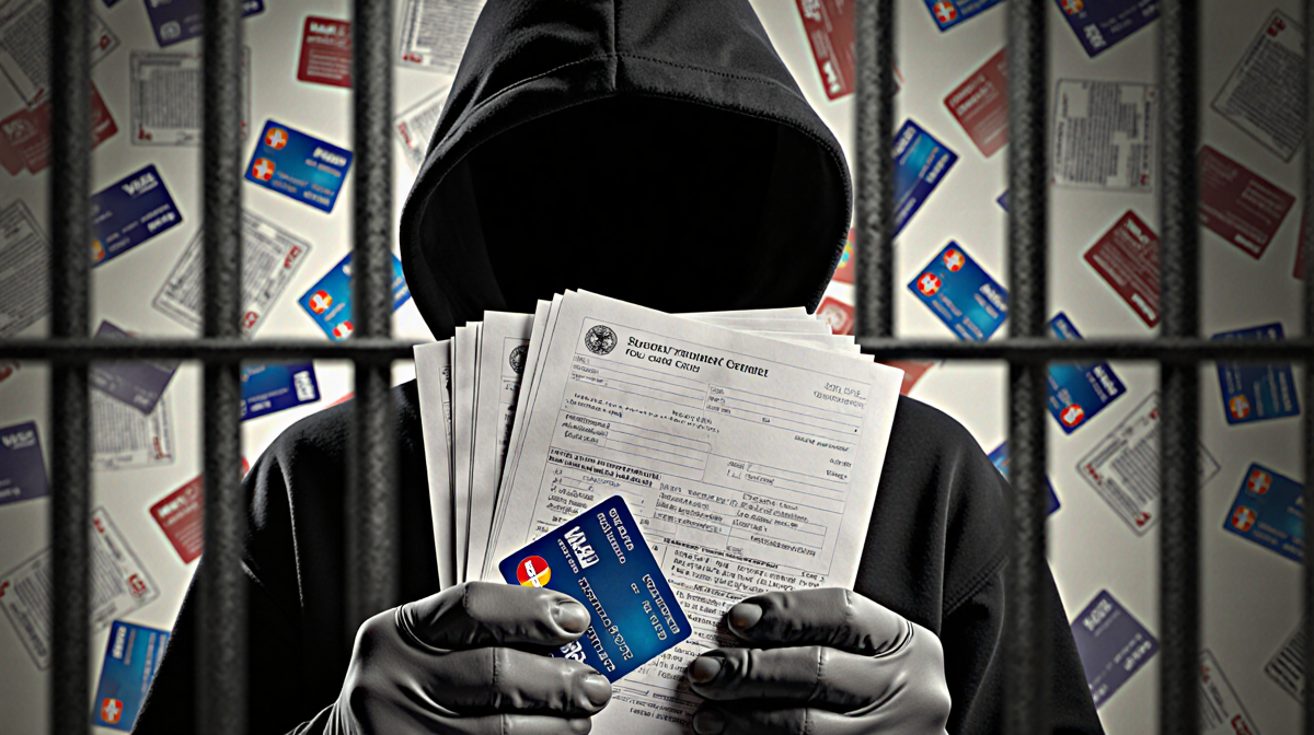 Individual holding stack of credit card statements with gloved hands near blurred prison cell door showing stolen card images