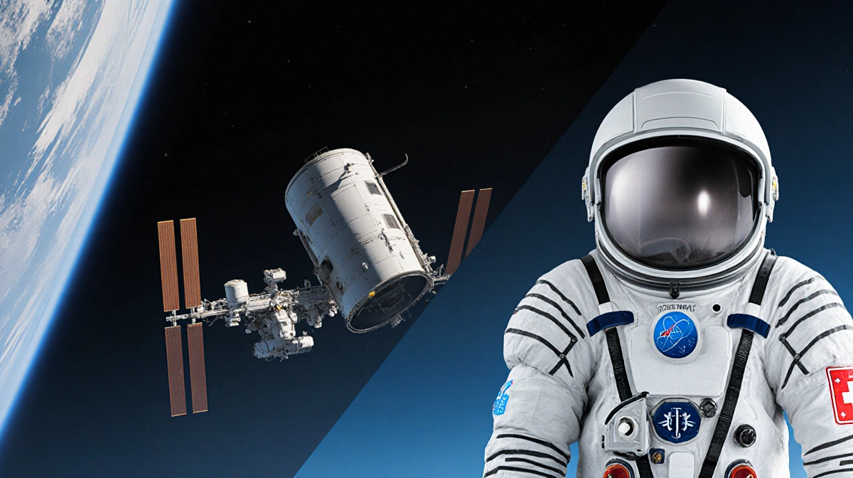 Crew-11 spacecraft separating from International Space Station with NASA logo and astronaut suit showing medical warning