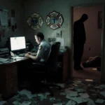 A 911 operator stares at the phone with broken photos and shattered monitor scattered across the desk