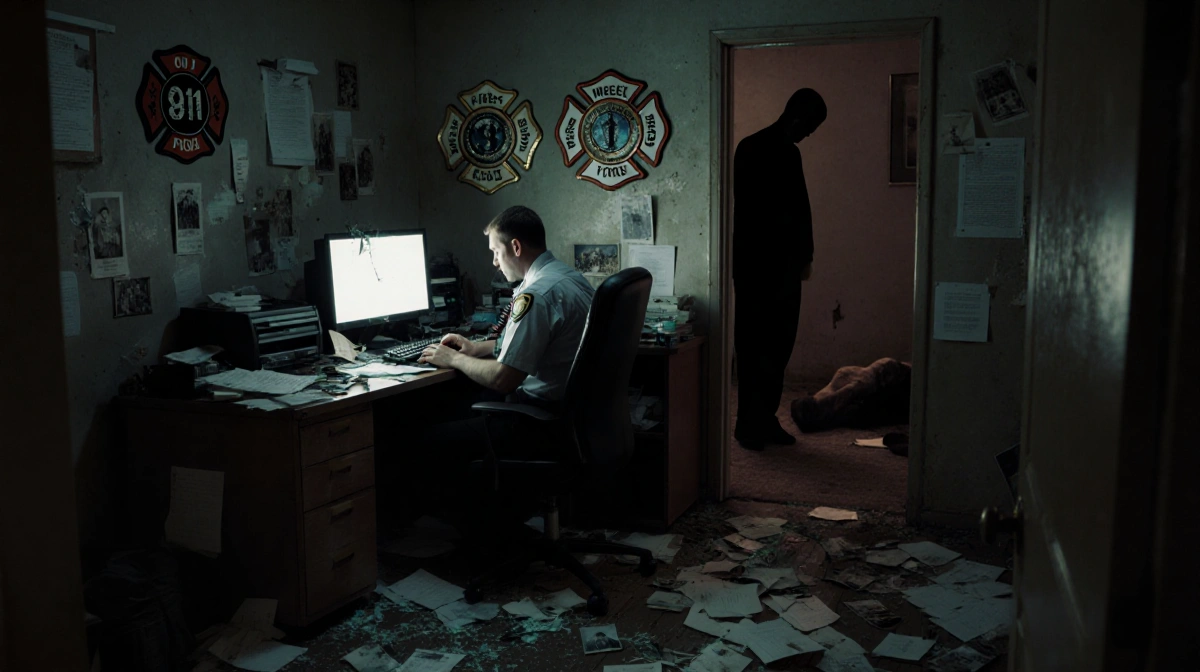 A 911 operator stares at the phone with broken photos and shattered monitor scattered across the desk