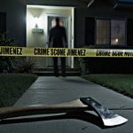 Broken axe lying near police tape with a dim crime scene and suburban home in background