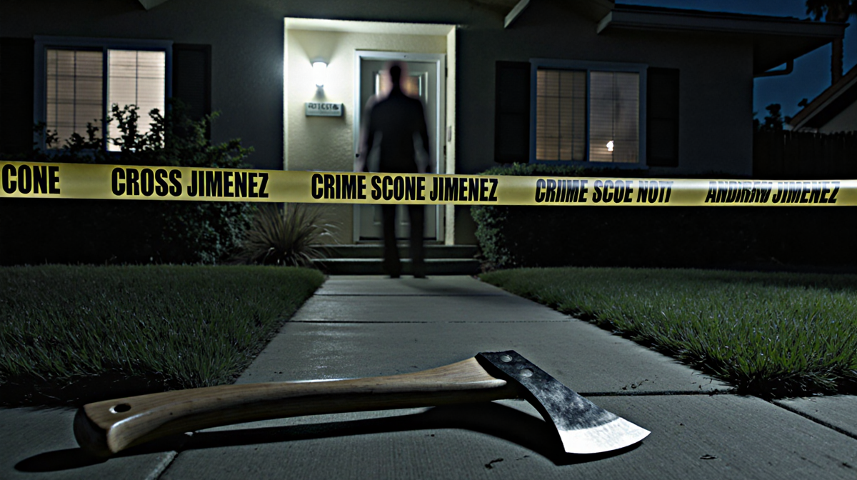 Broken axe lying near police tape with a dim crime scene and suburban home in background