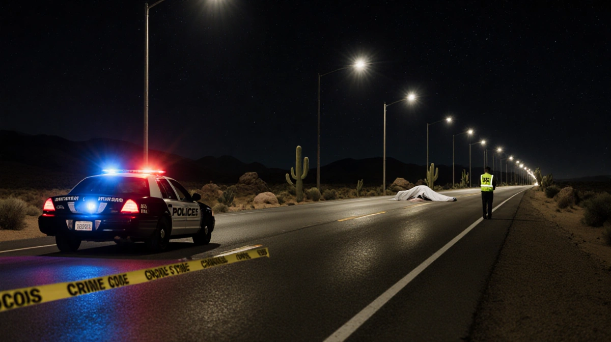 Police car blocks rural highway with crime scene tape and officer standing near covered body under starry desert sky