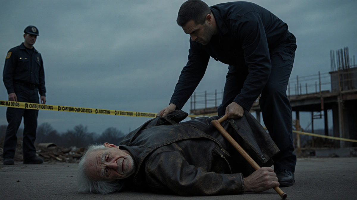 Forensic investigator lifting worn leather jacket from elderly man