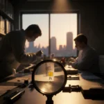 Forensic expert examining evidence with magnifying glass and city skyline visible through window
