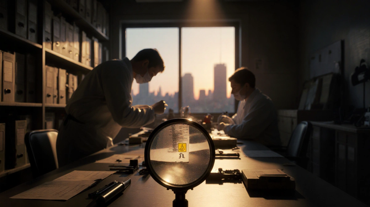 Forensic expert examining evidence with magnifying glass and city skyline visible through window