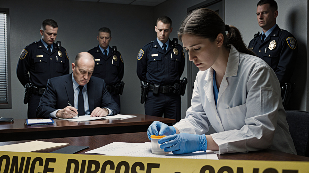 Forensic scientist examining a container with gloves with yellow police tape and dimly lit crime scene with evidence