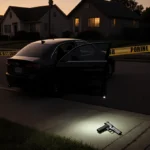 Crime scene investigators examining handgun on pavement with black car and police tape nearby