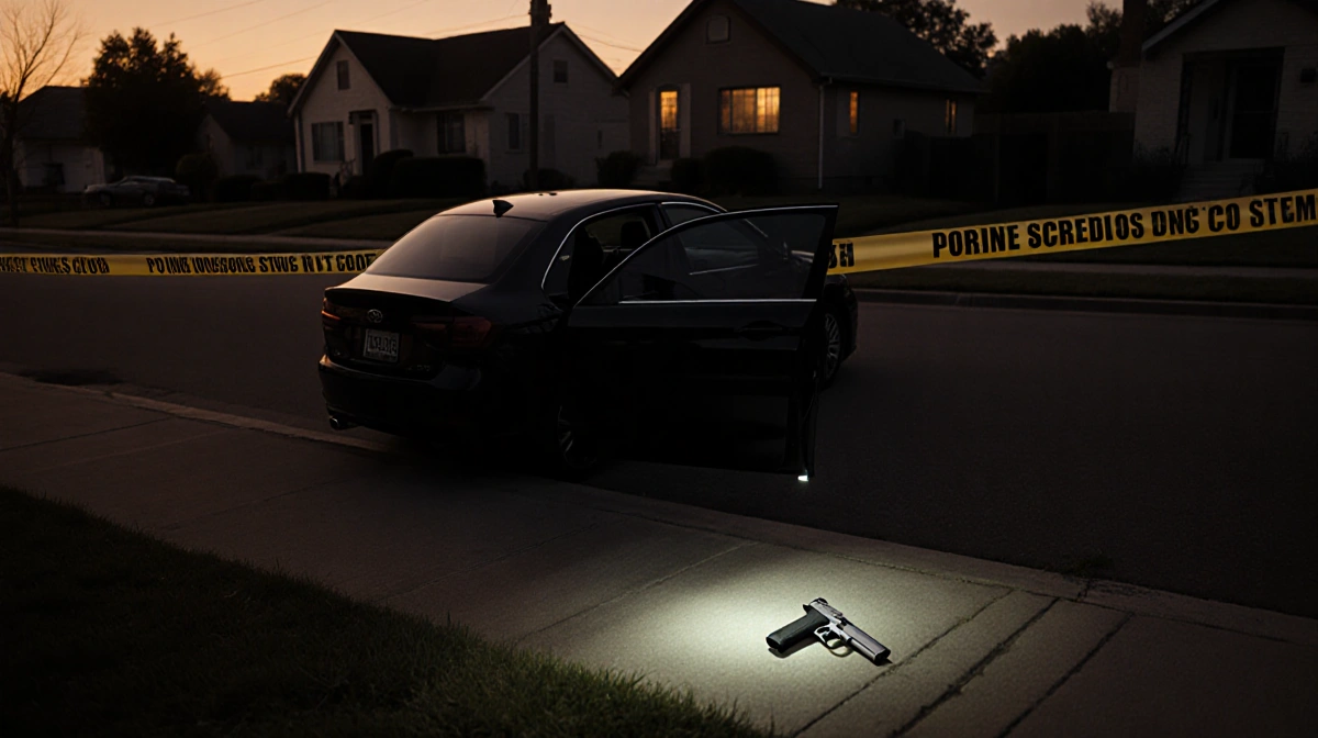 Crime scene investigators examining handgun on pavement with black car and police tape nearby