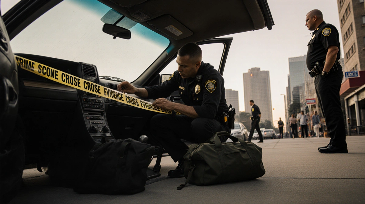 Crime scene investigator kneeling examining evidence tape with detective bag nearby and LA skyline behind