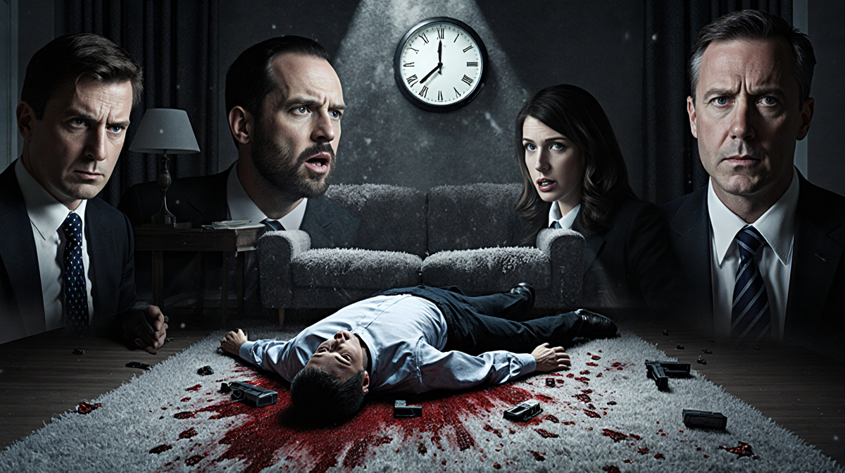 Bloodstained body on floor with gunshot wounds and co-workers' frantic faces overlaid clock strikes 3:00 AM.