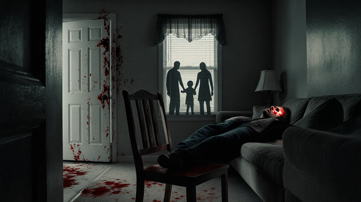 Motionless victim lies on couch with gunshot wound and blood splatters showing family silhouettes in background