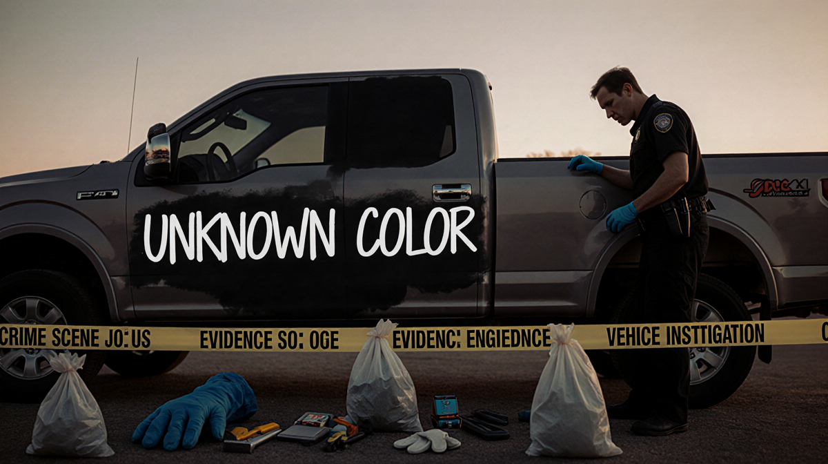 Investigator examining vehicle with crime-scene tape and forensic gloves near dusk truck