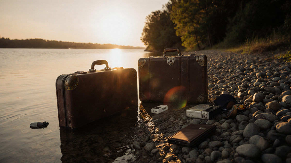 Abandoned suitcases form a crime scene on Chesapeake Bay riverbank with one partially submerged and shadows stretching toward