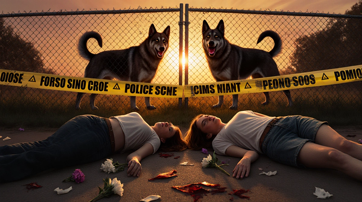 Two women lying on ground with police tape and forensic markers and a dog pack watching behind fence at sunset