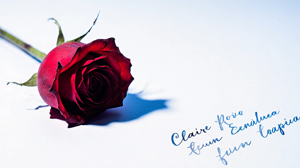 A single crimson rose wilts gracefully on white background with silver ink script lines and subtle blue undertones