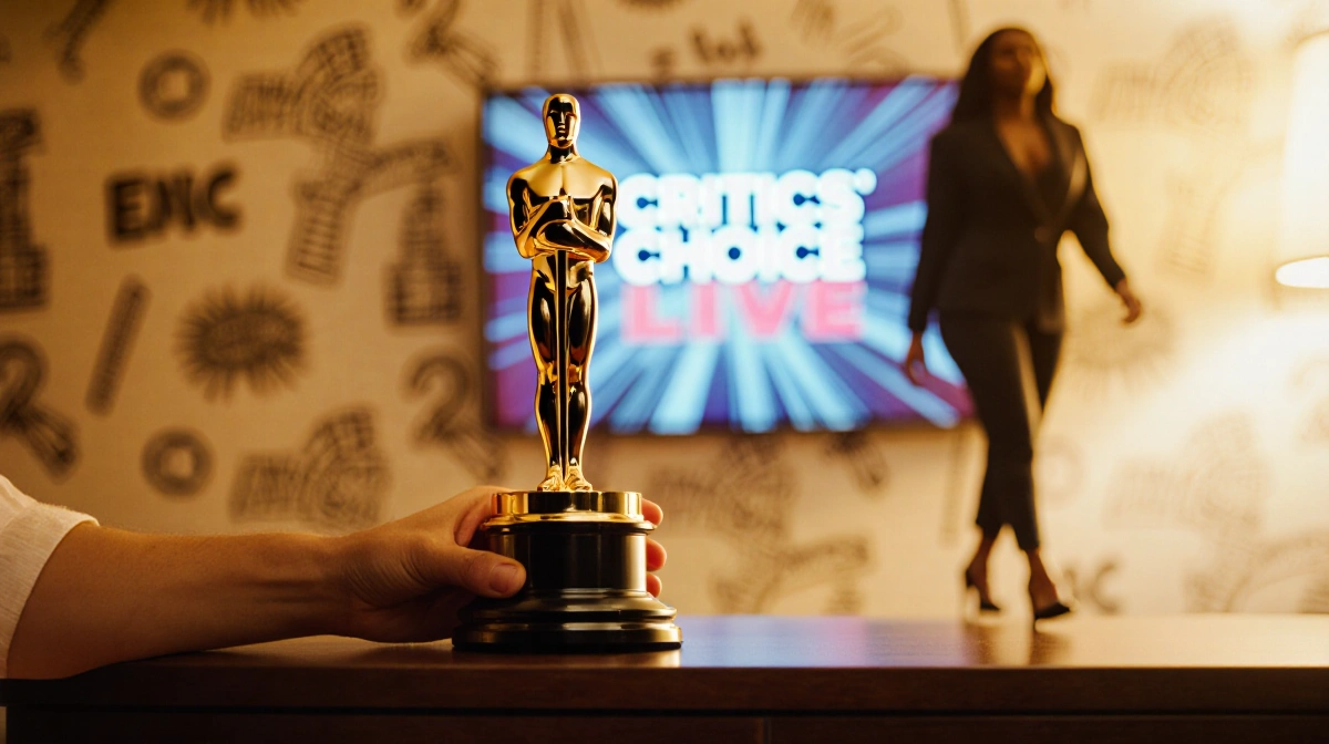 Award trophy holding gold statuette with Critics' Choice nomination on shelf and blurred SNL TV screen in background.