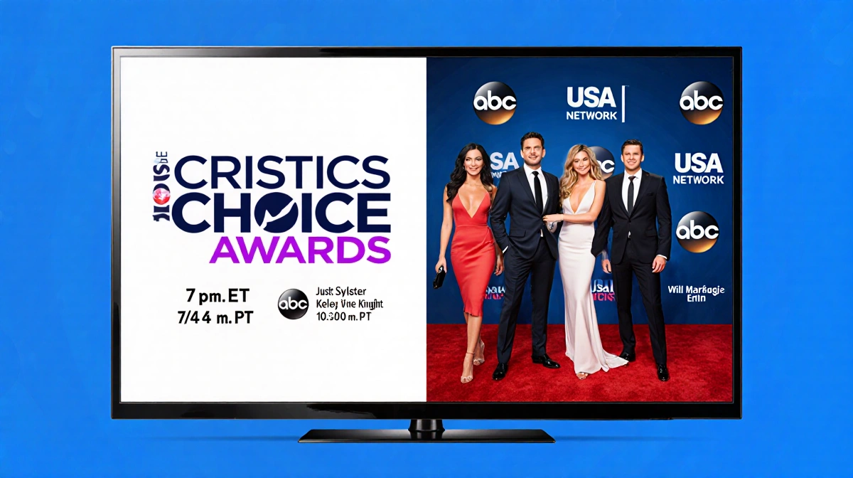 Television screen showing split-screen broadcast schedule with E! and USA Network logos and live red-carpet hosts