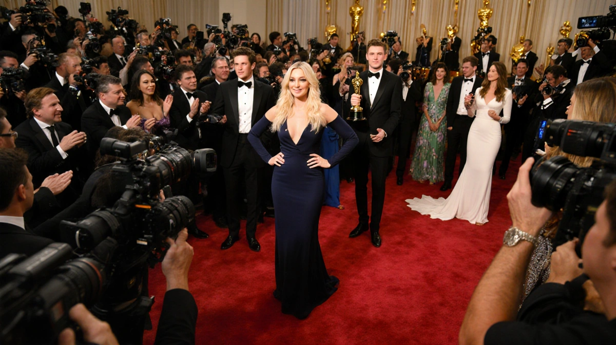 Chelsea Handler stands on carpet with cams and celebrities near Timothée Chalamet holding his award