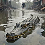 Crocodile surfacing from murky floodwaters with surface and scattered debris hinting at disaster near a fleeing human