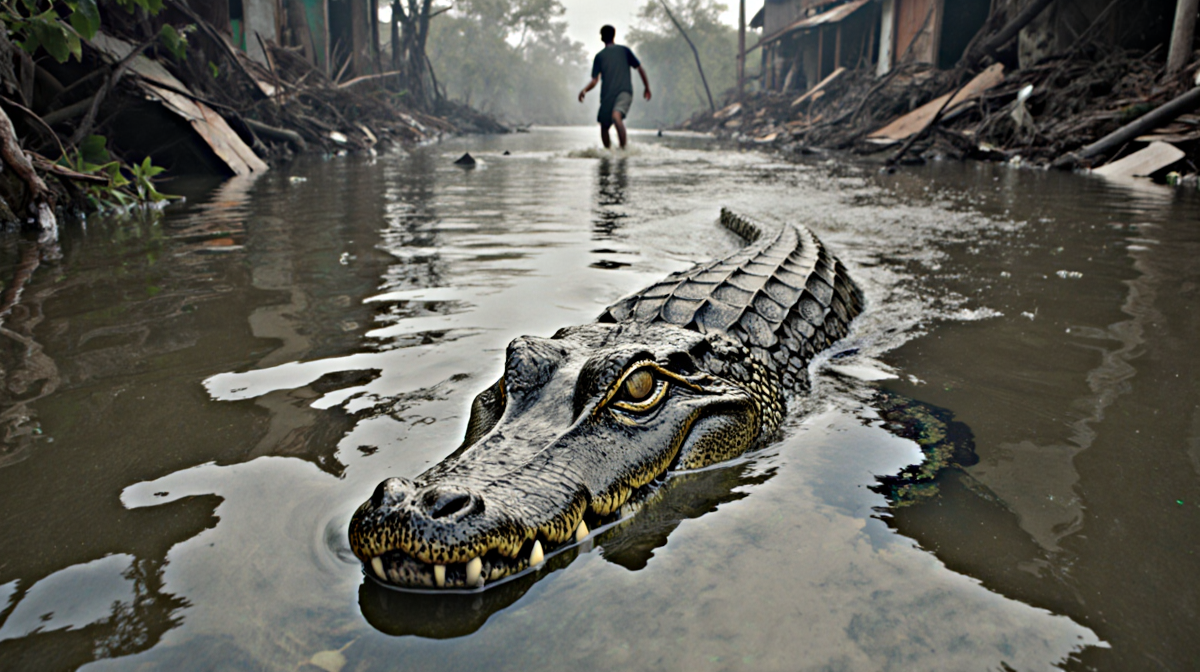 Crocodile surfacing from murky floodwaters with surface and scattered debris hinting at disaster near a fleeing human