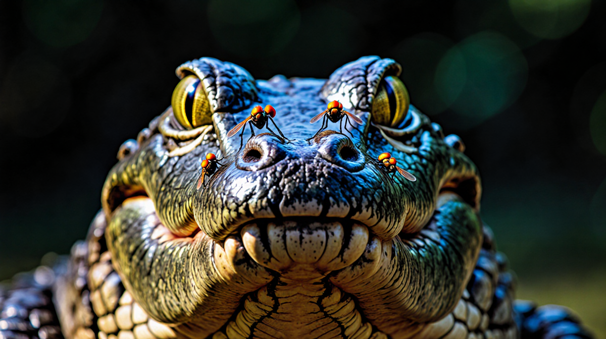 Crocodile snout feeding with multiple flies on nostrils and lip with golden eyes staring into camera and scaly texture