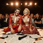 Mr and Mrs Croissant wearing glittery Elvis costumes perform on stage with confused audience and microphone between them