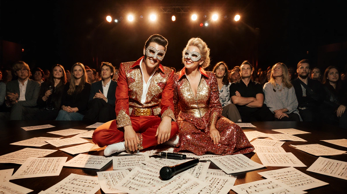 Mr and Mrs Croissant wearing glittery Elvis costumes perform on stage with confused audience and microphone between them