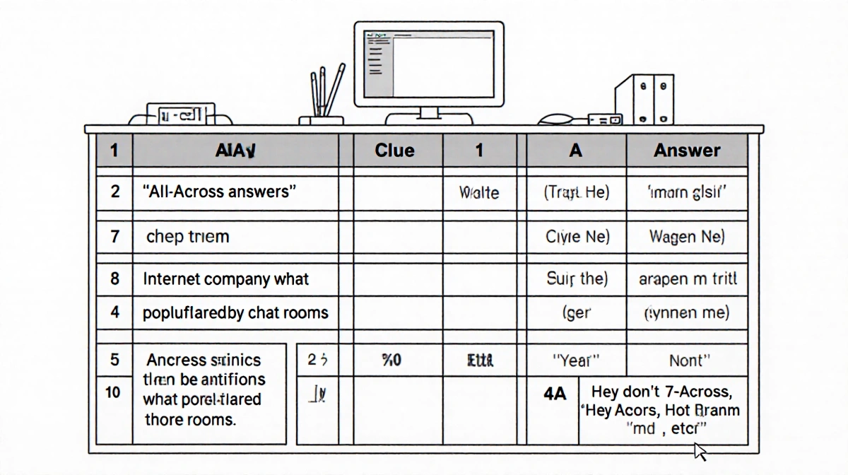 Office desk showing crossword clue table with computer monitor and two-column layout for clues and answers