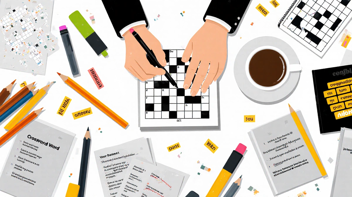 Crossword constructor writing clues at cluttered desk with coffee cup and puzzle notepads scattered around workspace