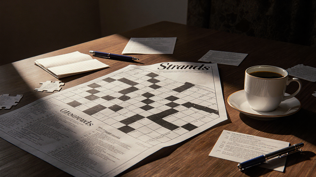 Completed crossword puzzle spreads across wooden table with warm light and a steaming morning coffee nearby