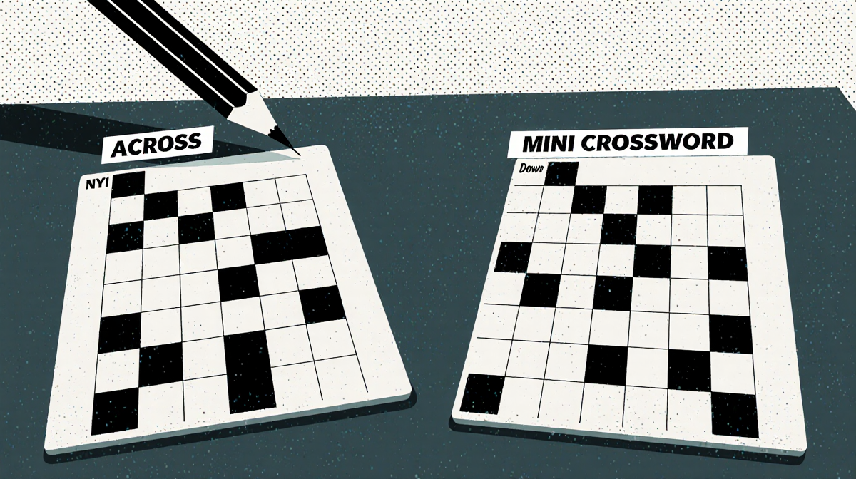 Stylized pen hovering above across crossword table with completed answers and puzzle pieces