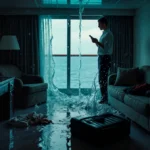 Concerned passenger holding phone stands in flooded cruise ship cabin with water pouring from ceiling and suitcase floating n