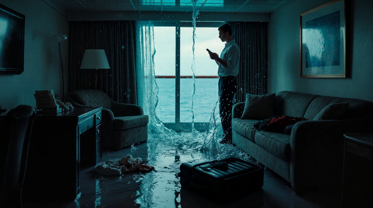 Concerned passenger holding phone stands in flooded cruise ship cabin with water pouring from ceiling and suitcase floating n
