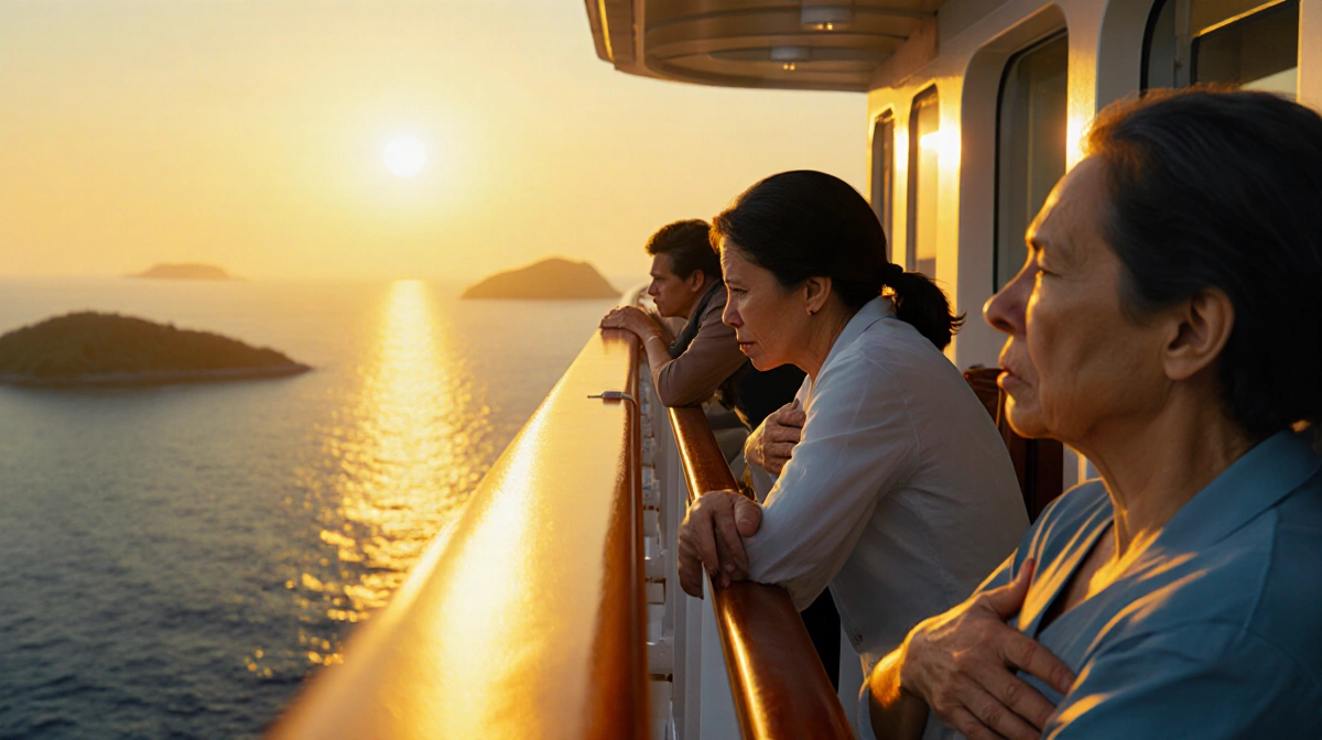 Passengers leaning over cruise ship railing with stomach illness under yellow deck lights with sunset ocean view
