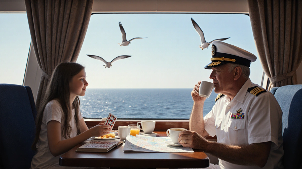 Father sipping coffee and reading chart with daughter holding a book near window overlooking ocean and seagulls