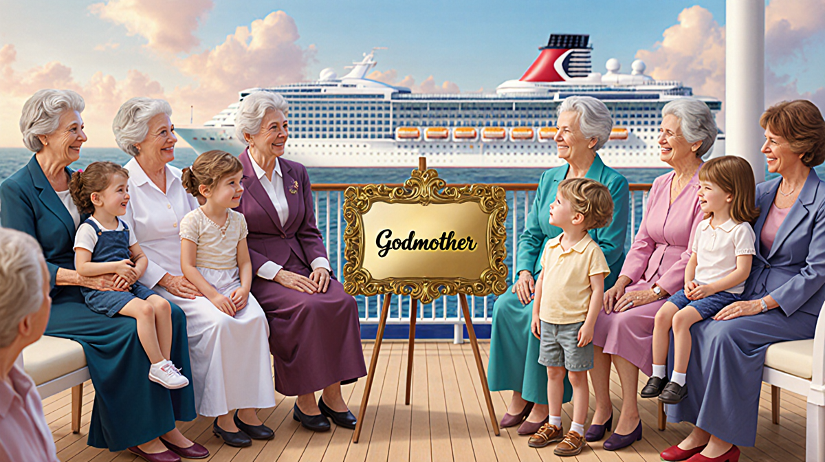 Elderly godmother ladies holding children on their laps with a golden plaque displayed on cruise deck