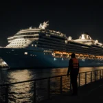 Lone figure in life jacket stands at cruise ship railing with spotlight illuminating deck and golden light dancing on dark wa
