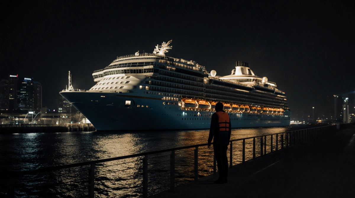 Lone figure in life jacket stands at cruise ship railing with spotlight illuminating deck and golden light dancing on dark wa