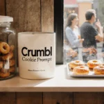 Open Crumbl cookie jar reveals fresh doughnuts with customers waiting outside the storefront