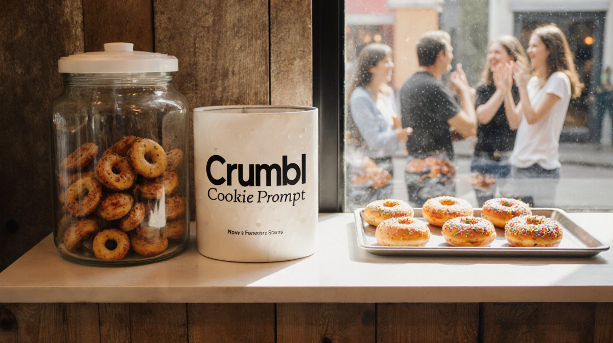 Open Crumbl cookie jar reveals fresh doughnuts with customers waiting outside the storefront