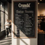 Customers enjoy Crumbl Cookies at the storefront with chalkboard menu showing rotating flavors and natural light filling the