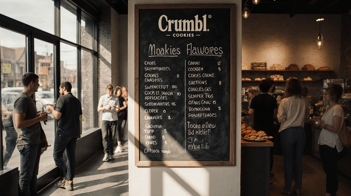 Customers enjoy Crumbl Cookies at the storefront with chalkboard menu showing rotating flavors and natural light filling the