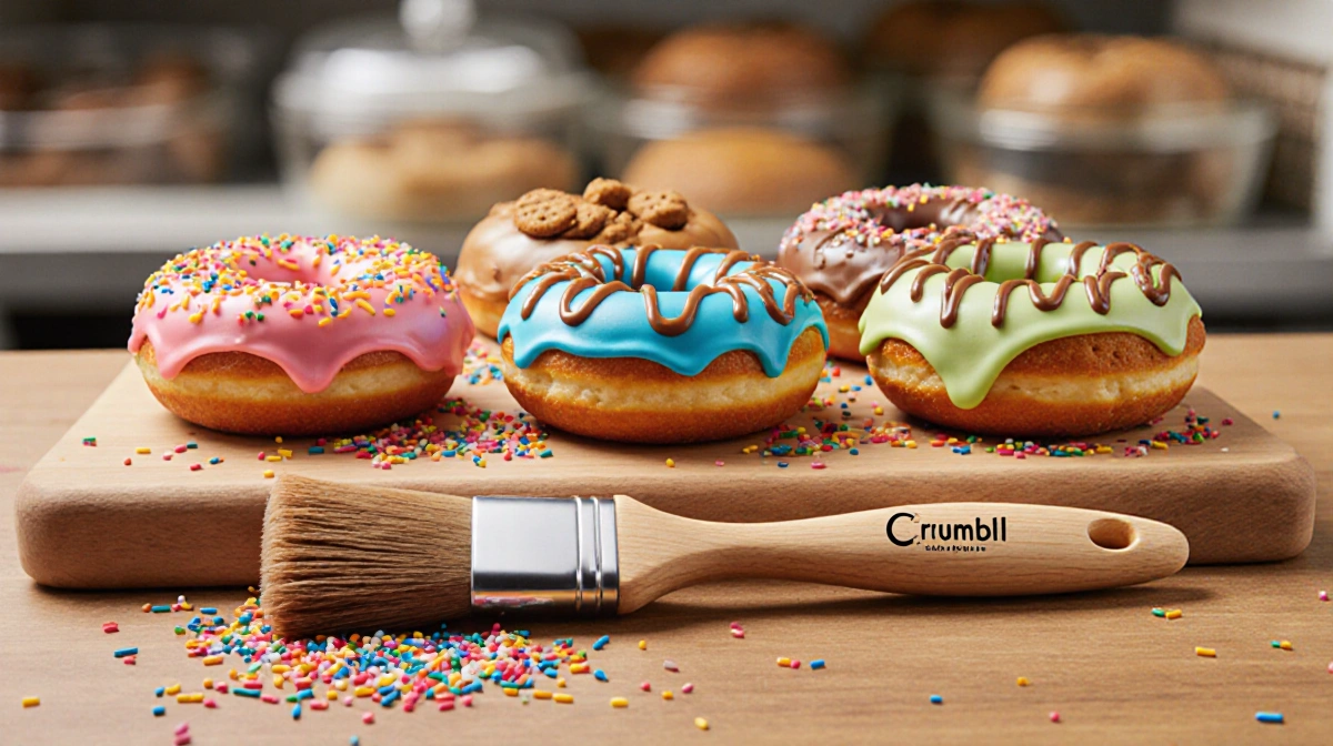Colorful Crumbl doughnuts arranged on wooden table with cookie butter drizzle and scattered sprinkles